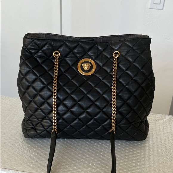 Versace Handbags - Versace Black Quilted Leather Medusa Shoulder Bag with Gold Chain Straps